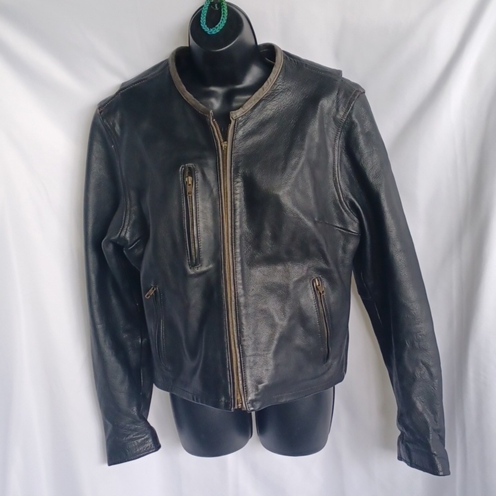 Unik Ultra Black Leather Motorcycle Bike Jacket Retro Grunge 90s Biker, M